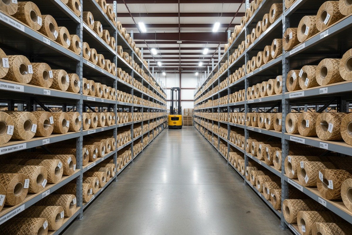 تنظيم لفات الروطان تكديس لفات الخيزران أفقيًا على أرفف مرتفعة مع طبقات قماش قابلة للتنفس للتنظيم (ID#3)