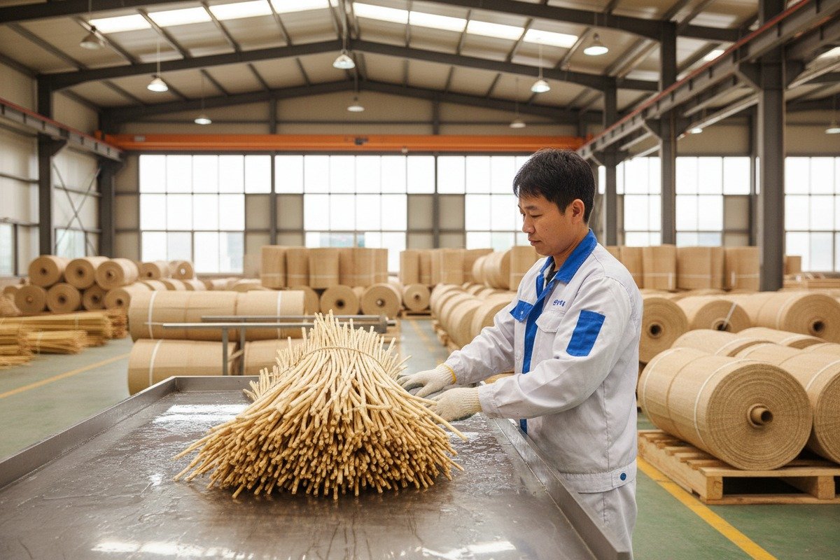 Natural Rattan Processing Methods Natural rattan cane webbing processing involving mechanical stripping and hand-weaving without harmful chemicals (ID#3)