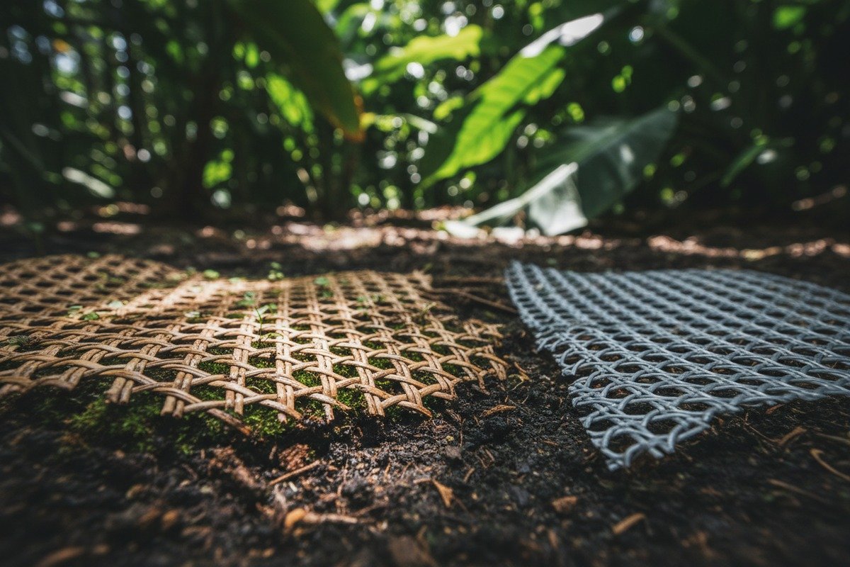 Comparación de biodegradabilidad El mimbre de ratán natural biodegradable se descompone más rápido que los materiales plásticos no biodegradables (ID#2)