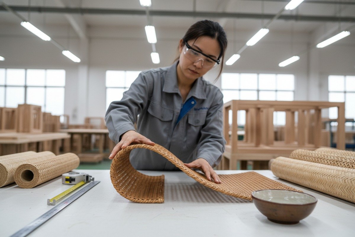 Performing a 90-degree bend test on soaked rattan cane webbing to check for brittleness (ID#2)
