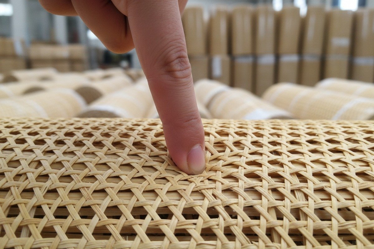 Inspecting bulk rattan for visual defects like surface cracks, uneven width, and dry fibers (ID#4)