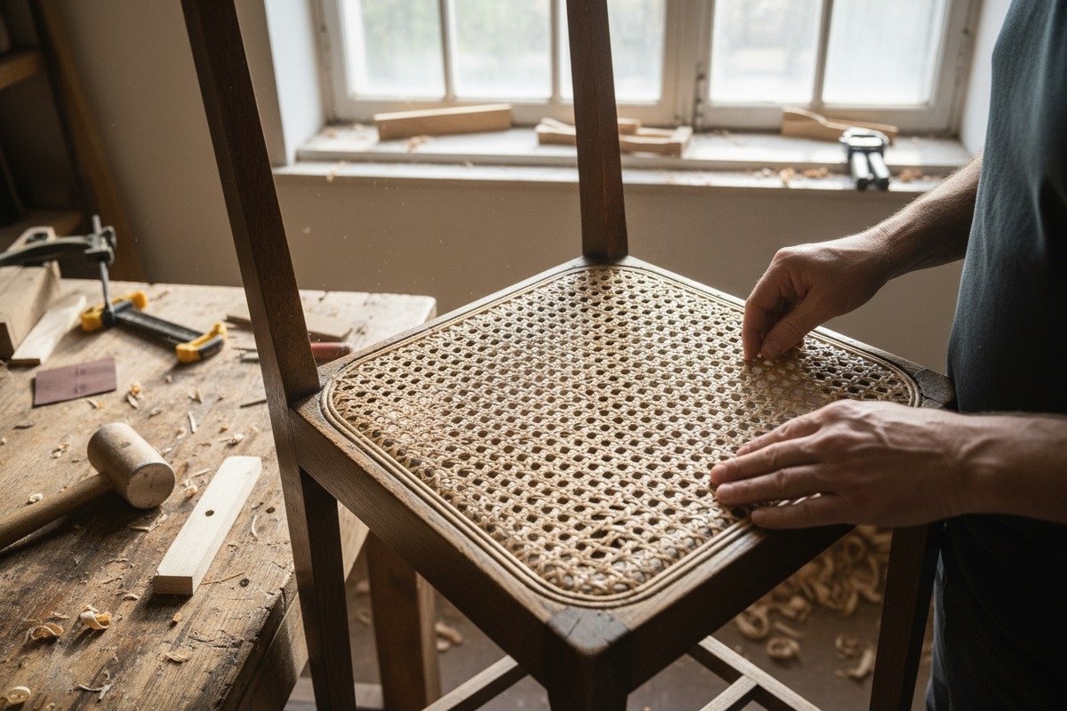 Refurbishing an old chair using high-quality rattan cane webbing for furniture restoration (ID#1)