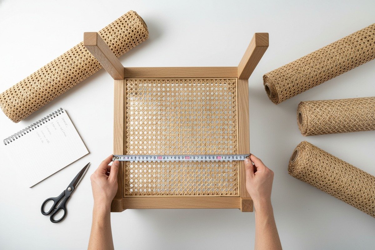 Measuring chair seat opening to choose the correct size and grade of rattan webbing (ID#2)