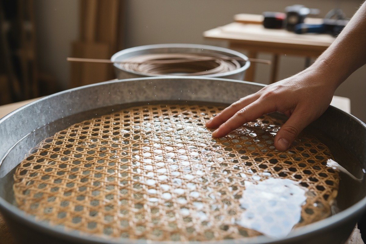 Soaking and installing wet rattan webbing into chair grooves to prevent future sagging (ID#3)