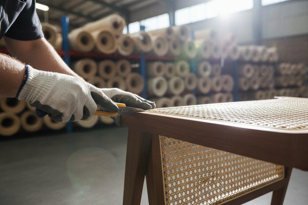 Applying natural oil or sealant to protect and finish a refurbished rattan chair (ID#5)