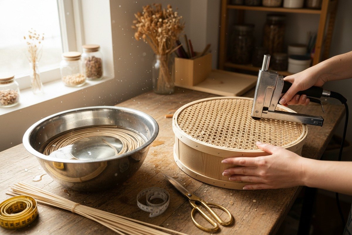 Prozess der Herstellung eines DIY-Aufbewahrungskorbs aus natürlichen Rattanrohrgeflechtmaterialien (ID#1)