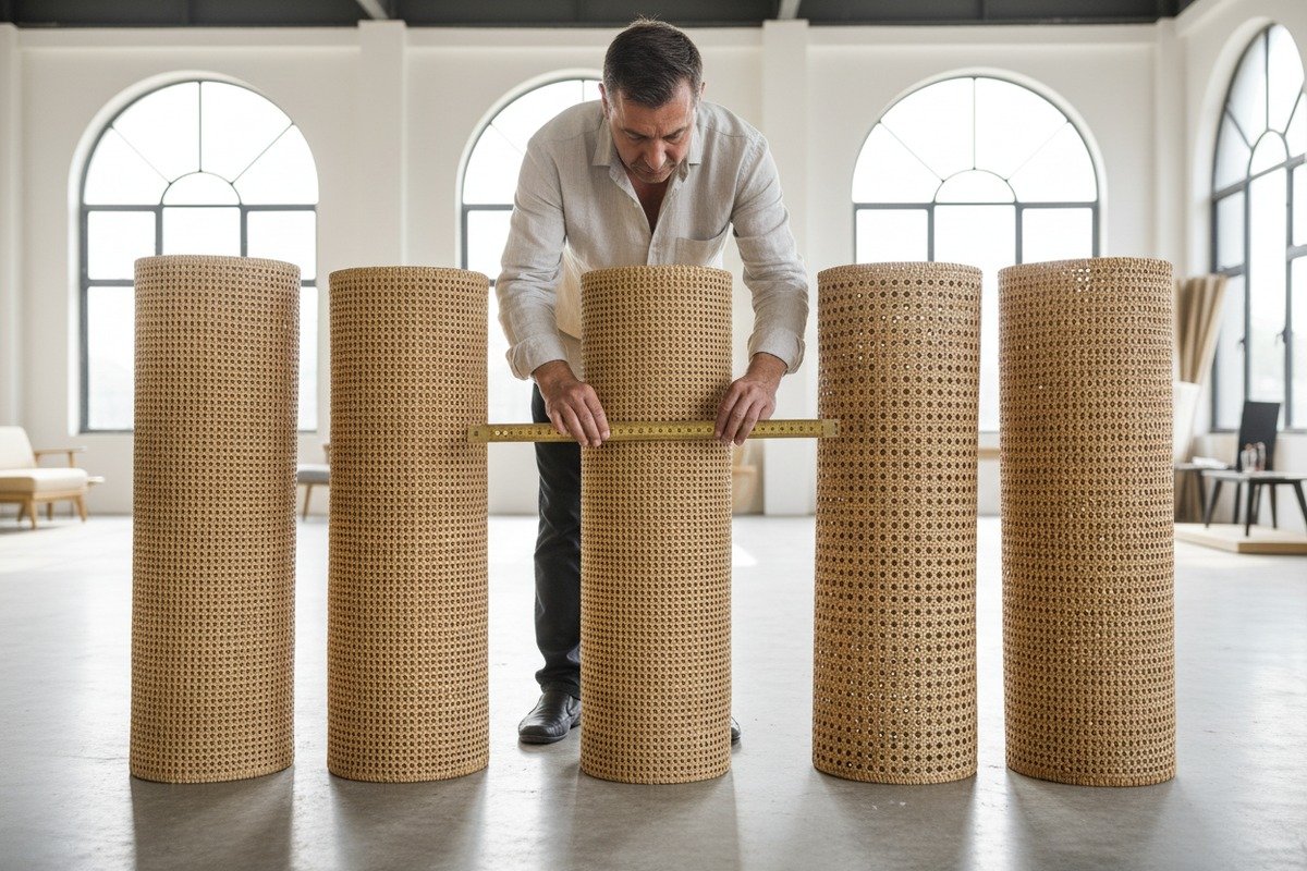 Natural rattan cane webbing showing various standard mesh sizes for sourcing (ID#1)