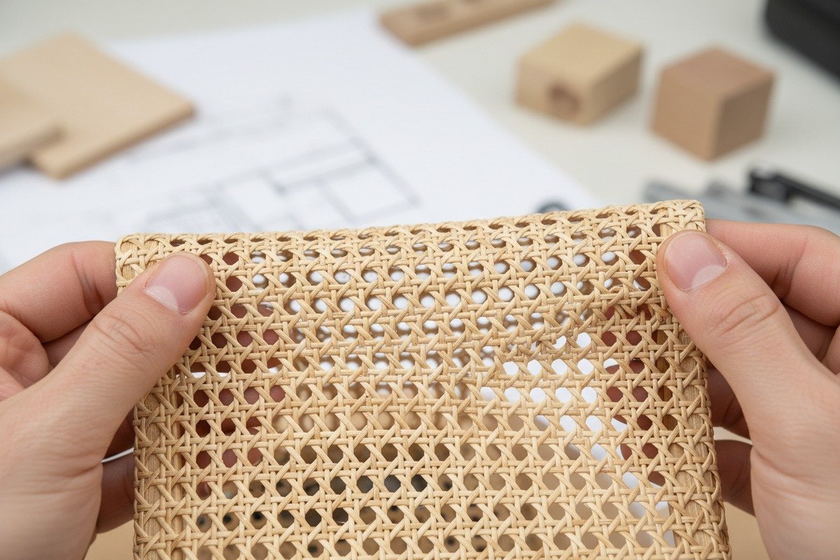 Checking Grade A Features Inspecting Grade A natural rattan webbing for uniform thickness and consistent weave tension (ID#3)