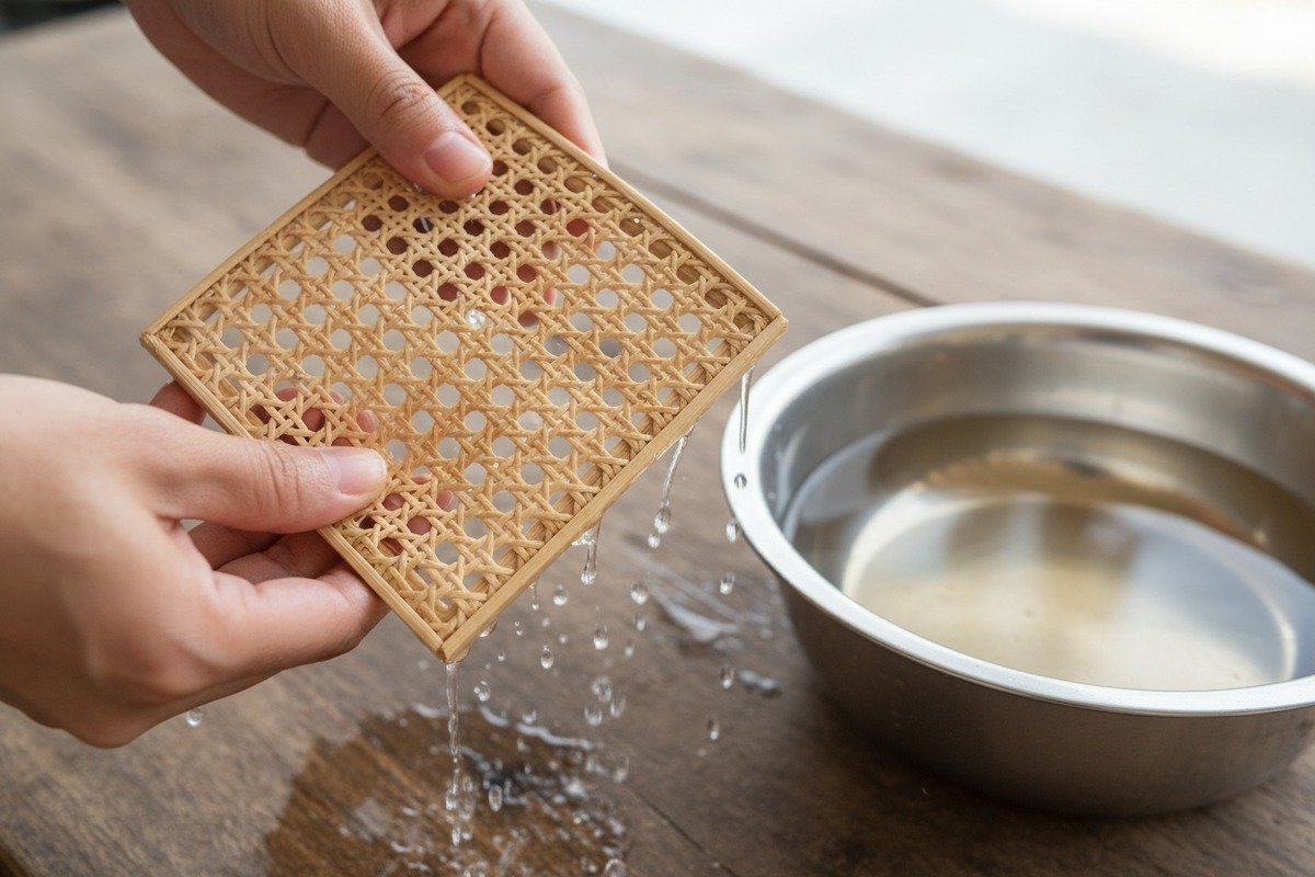 Manual Rattan Flexibility Test Manually testing natural rattan webbing flexibility by soaking and bending to check for cracks (ID#2)