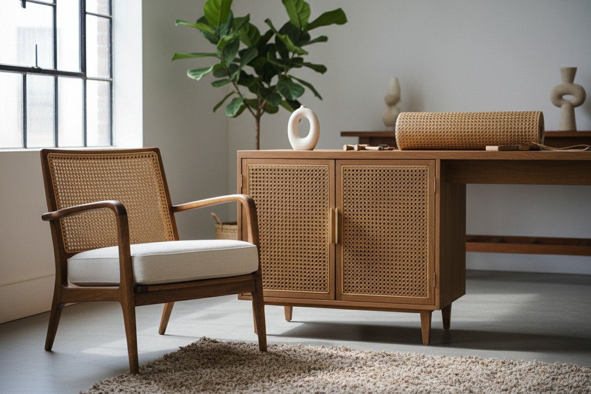 Natural rattan cane webbing material being maintained to extend its lifespan (ID#1)