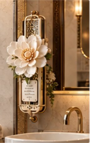 Mirror mounted sola flower fragrance piece in a guest washroom