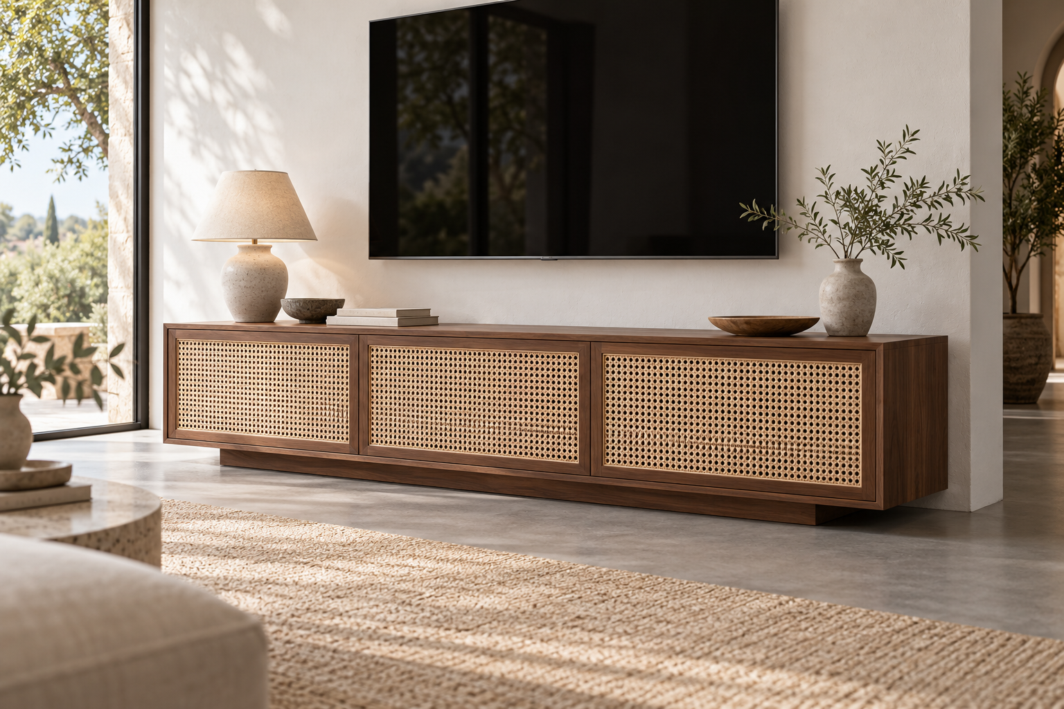 AI application concept showing natural cane doors in a walnut media console