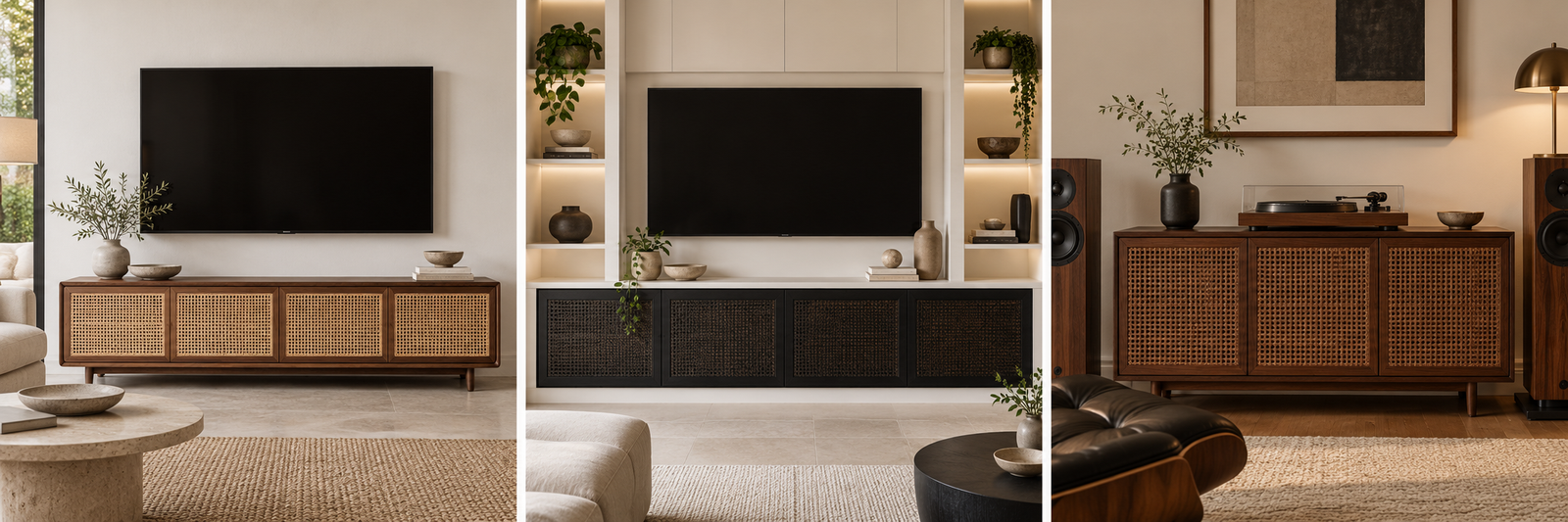 AI application concepts: Cane webbing for TV stand doors, Rattan inserts for media wall cabinet doors, Woven fronts for AV cabinets