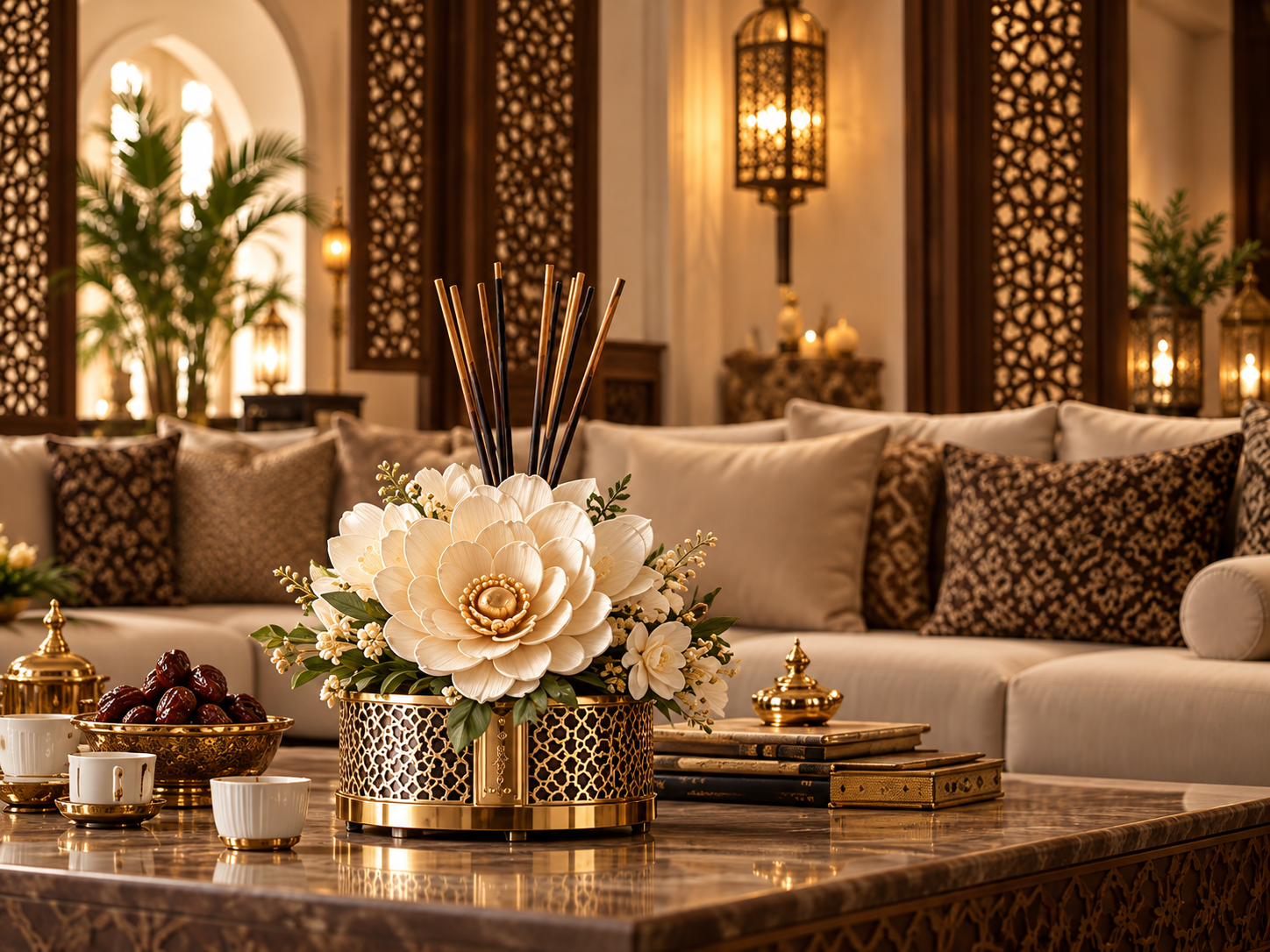 Ivory sola flower diffuser with rattan reeds in a warm Middle East Majlis lounge