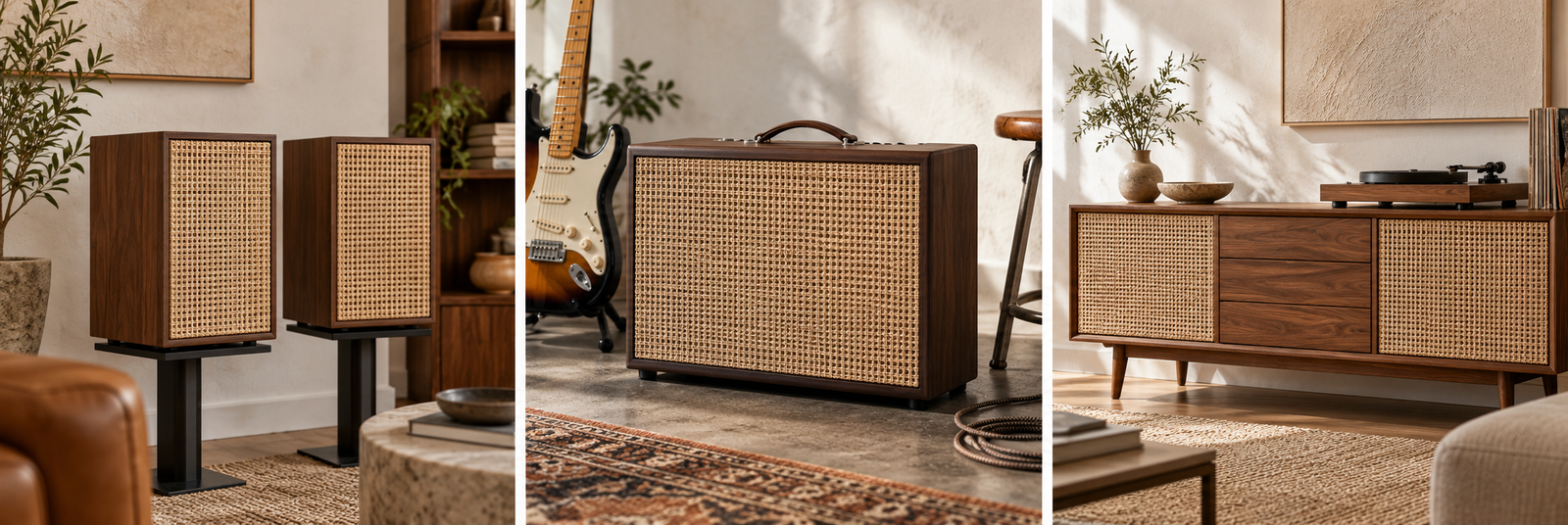 AI application concepts: Cane speaker grille development, Cane-look guitar amp grille material, Radio weave for stereo console fronts