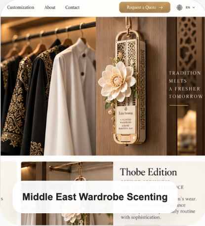 Sola Flower wardrobe fragrance diffuser displayed between Abayas and Thobes