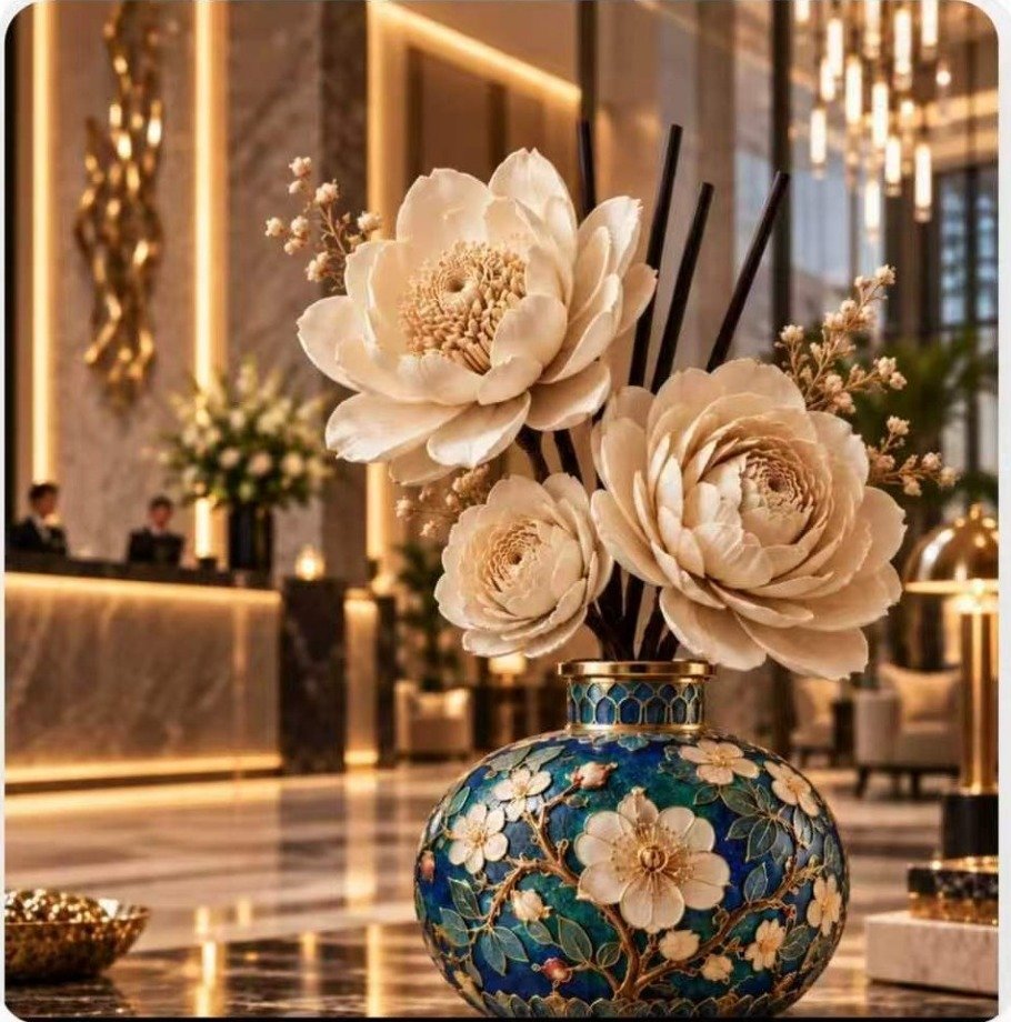 Sola wood flower diffuser in a blue floral ceramic vessel in a luxury hotel interior