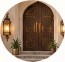 Ornate entrance with a warm lantern